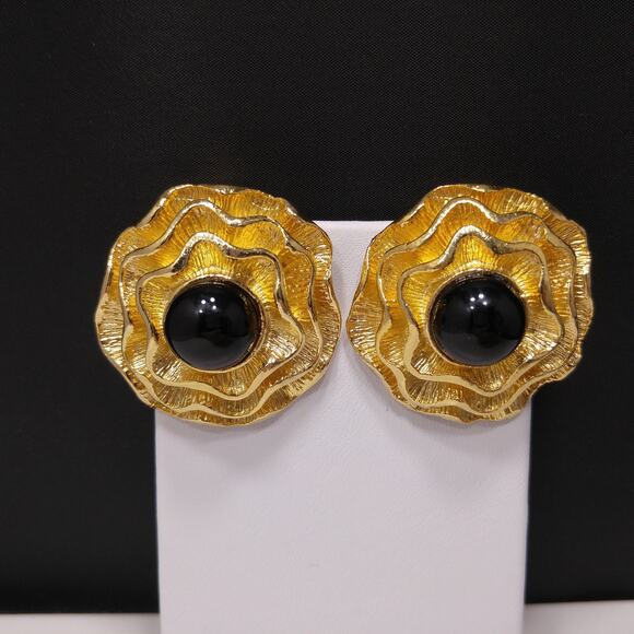 Gold Plated 1950s Musi Floral Shoe Clips, Black Lucite Cabochons - Picture 3 of 8